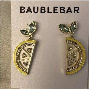 BaubleBar Gold Tone & Yellow Enamel Lemon Slice Drop Earrings Crystal NEW